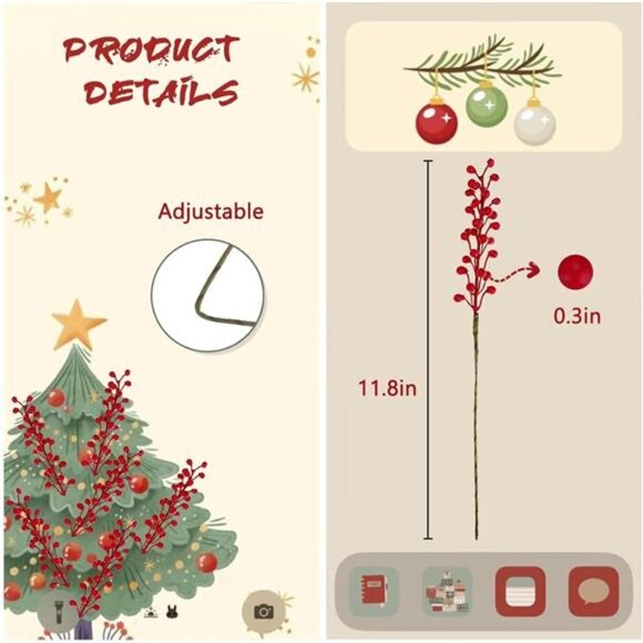 8-Pack Artificial Red Berry Stems - Holly Christmas Berries for Tree & Holiday - Picture 2 of 7